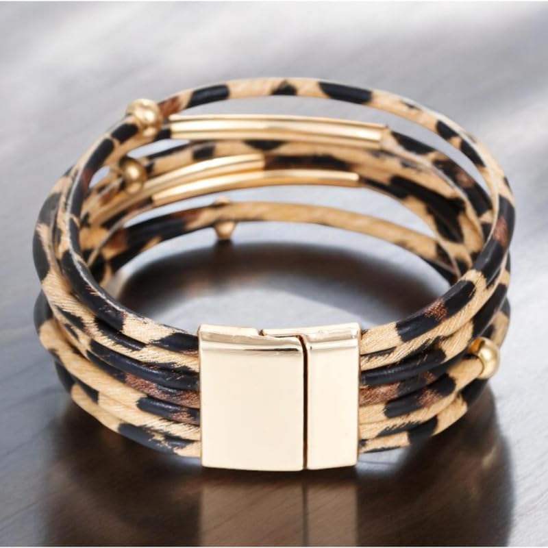 Caiyao Simple Beaded Leather Wrap Bracelets for Women Leopard Print Trendy Layered Stackable Buckle Bohemian Wrist Cuff Bangle Jewelry - color: Brown