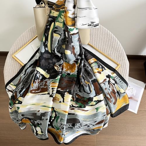 Long Silk Like Scarf Lightweight Satin Scarves Large Sunscreen Shawl Wrap for Women - color: 019.abstract Black