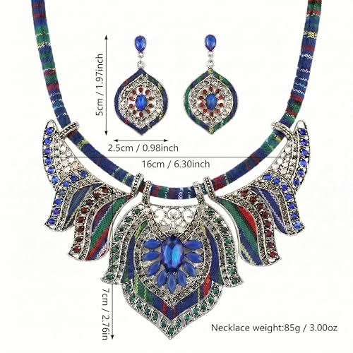 African Tribal Jewelry Set for Women - 2pcs Chunky Colorful Boho Vintage Statement Necklace Earrings Bib Choker Festival Costume Ethnic Accessories - style: Blue Style
