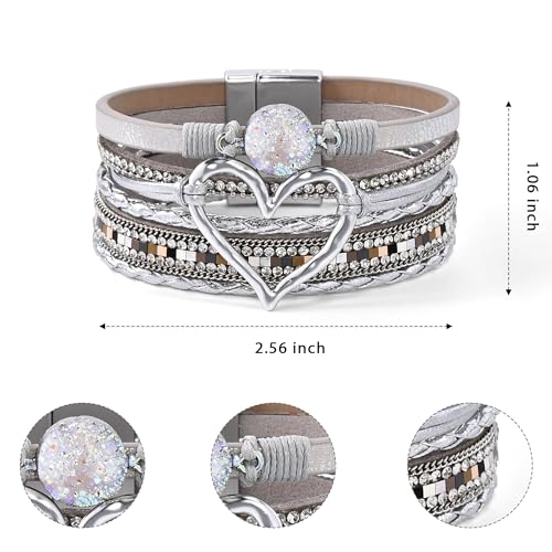 VIBILIA Boho Leather Wrap Bracelets for Women Multi-Layer Bracelets with Strong Clasp Jewelry for Women - color: 01-Heart-Silver