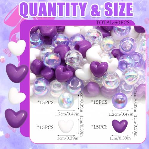 60PCS Purple White Heart Hair Beads for Braids AB Color Round Bead Loc Dreadlock Accessories Lovely Kids Girls Pony Beads - color: Purple&White