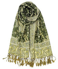 Achillea Reversible Paisley Pashmina Rave Scarf – Exotic Indian Shawls and Wraps for Evening Dresses, Festivals, All Seasons - color: Dark Olive
