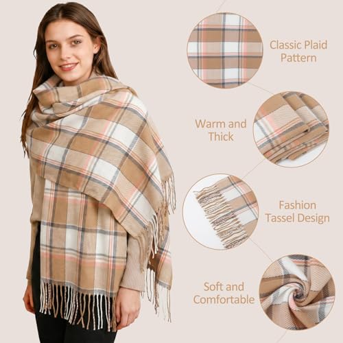 Loritta Womens Scarf Fashion Long Plaid Shawls Wraps Big Grid Winter Warm Lattice Large Scarves Gifts - color: E-brown Beige Lattice