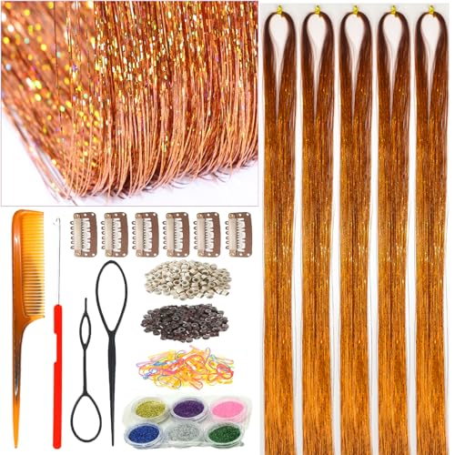 Celinebella Orange Gold Hair Tinsel, 48"1250 Strands Tangerine Shimmer | Vibrant warm orange gold metallic shade, durable lightweight, heat resistant, for festivals concerts & summer parties - color: 13-Gilded Tangerine, size: 48 Inch Pack of 5Pcs