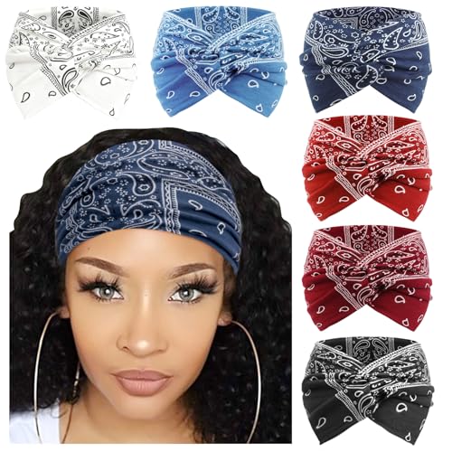 DRESHOW 6 Pack Extra Wide Headbands for Women Large Turban Headband Boho Head Wrap Elastic Hairbands Hair Twisted Knot Hair Accessories - color: 6 Pack Knotted: Paisley Patterned
