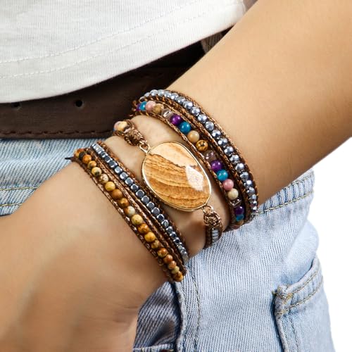 Women Wrap Bracelet Boho Natural Jasper Crystal Stone Beads Strand Bracelets - color: Picture Stone