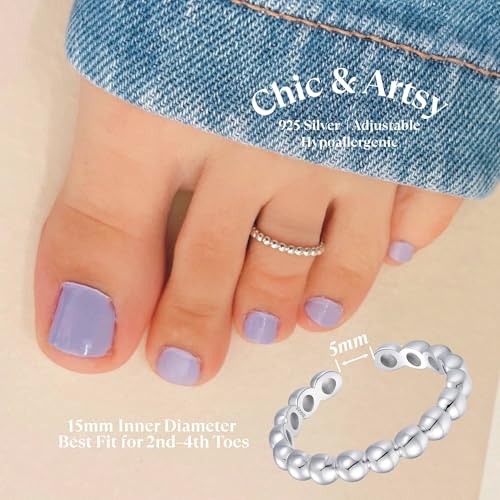 CHIC & ARTSY 925 Sterling Silver Open Toe Ring for Women - Lightweight Comfortable Yoga Toe Rings, Adjustable Stackable Toe Rings, Boho Coastal Vacation Beach Foot Jewellery - color: Bead