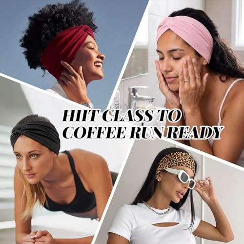 Wide Headbands for Women's Hair, 4 Pcs Hair bands – Vintage Turban Elastic Head Bands Adult Women Soft Head Wraps Knotted for Yoga & Workout – Summer Fashion Hair Accessories (Pink) - color: Pink