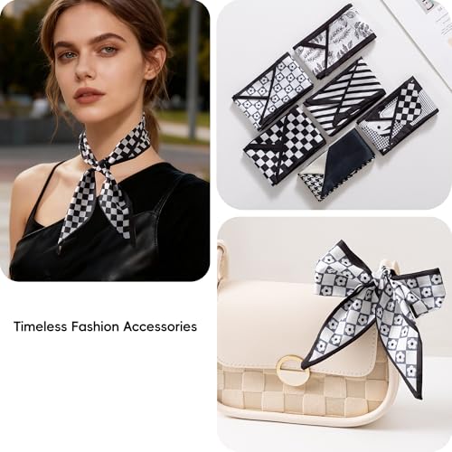 ZXZH 6 Pack Fashion Scarves for Women, Versatile Boho Head Scarf, Satin Scarf for Hair, Neck, Wrist, and Purse Accessories - color: Black & White Check