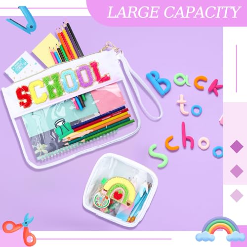 Hillban 2 Pcs Welcome Back to School Gift Bags Pencil Pouch Clear Case Chenille Letter Makeup Cosmetic Bags Toiletry Travel Purse First Day of School Waterproof PVC Organizer Storage for Women - style: Pencils Theme