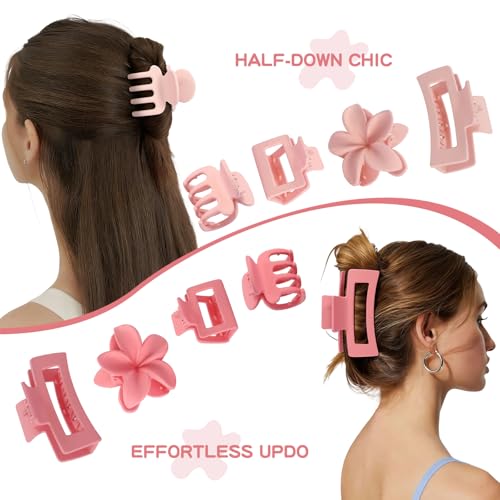 8 Pcs Matte Hair Clips for Women, Strong Hold Non-Slip Claw Clips for Girls, Flower Hair Clips for Thin Hair, Rectangle Claw Clips for Thick, Neutral Colors Hair Accessories Variety Pack（Pink） - color: Pink