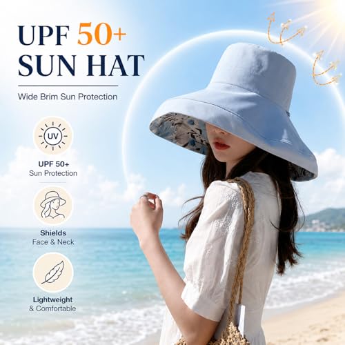 HUAMULAN Women Summer Sun Hat Wide Brim Wired Edge Floral Beach Bucket Hats Reversible Foldable Travel UV Protection Lady Hat - color: M2320-blue