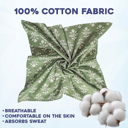 AVKA Studio 100% Cotton Bandanas for Women & Men, 2 Pack 20x20 Inch, 22x22 inch Hand Printed, Lightweight Cotton Handkerchief - color: Sage Green, size: 22 x 22 Inches Large