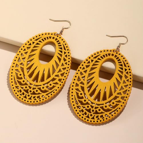 Boho Wooden Cutout Dangle Earrings for Women Bohemian Teardrop Oval Hollow Floral Pattern Drop Earrings Colorful Lightweight Statement Party Jewelry - color: Gold
