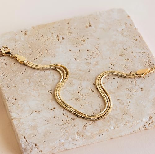 Gold Bracelets for Women, 14K Gold Plated Stackable Bracelet Stack Set Adjustable Charm Paperclip Chain Snake Link Layered Waterproof Jewelry Sets Gifts - style: Herringbone Chain GD