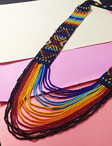 Handmade Native American Style Tribal ethnic Seed Bead Beaded Layered Medallion Necklace #1 - color: Blue Multi