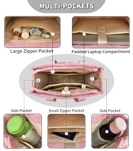 Large Canvas Tote Bag for Women Work Tote Bags with Pockets Laptop Crossbody Purses Everyday Bag Handbags for Travel - color: Plush Pink