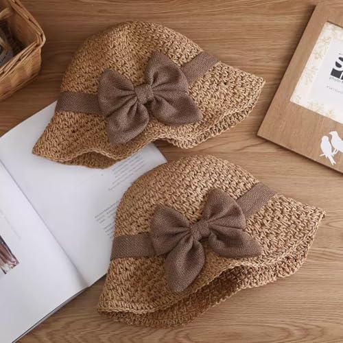 Womens Straw Hat Foldable Wide Brim Floppy Beach Sun Hats, Bucket Cap with Bowknot for Girls - color: Khaki
