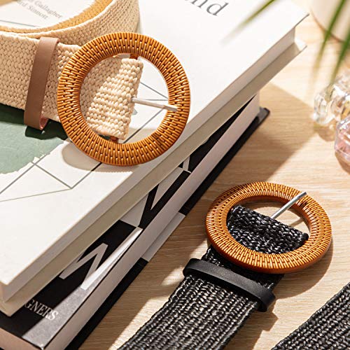 2 Pieces Women Straw Woven Elastic Stretch Waist Belt Skinny Dress Braided Waist Belt with Wooden Style Buckle - color: Black and White