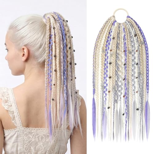 SEIKEA Boho Braided Ponytail Extension on Hair Tie, 16" Full Volume Lightweight Viking Dreadlock Ponytail Braid in Dreadlock Extensions with Beads and Shells, Festival Hair Accessories for Women Girls - color: Pastel Fairycore Lilac