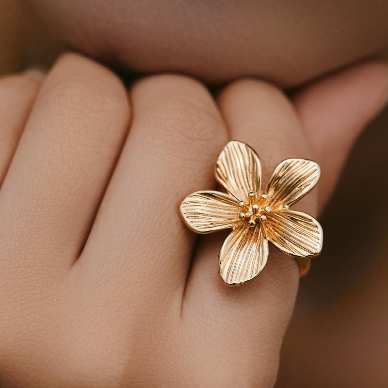 Chic Flower Adjustable Open Finger Statement Ring for Women 18K Gold Vintage Plant Floral Stackable Wrap Knuckle Middle Rings Dainty Extendable Cocktail Party Holiday Jewelry