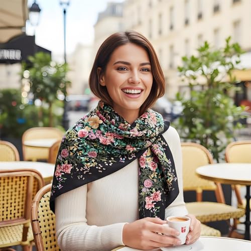 Premium Floral Scarf for Women 35x35 Square Silk Feel-Lightweight Scarves Headscarf Bandanas Wrapping Handbag - color: Black