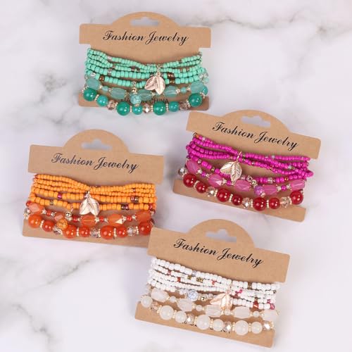 Caiyao 4Pcs Bohemia Multilayer Stackable Beaded Bracelets Set Colorful Crystal Stone Gold Beaded Stretch Bracelets Hawaii Charm Bracelet for Women Men Summer Beach Boho Vacation Jewelry Gifts - color: 7pcs white