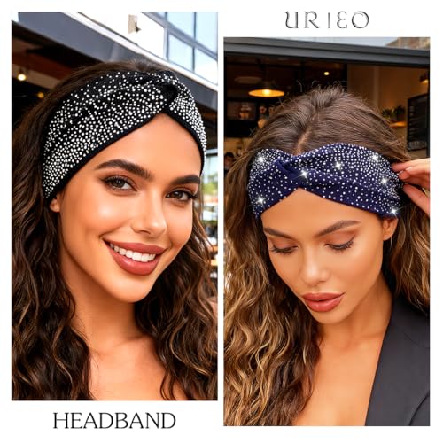 Urieo Wide Sparkly Headbands Rhinestones Stretch Head Bands for Women | Bling Elastic Knotted Headband Bedazzled Crystal Hair Bands - color: Red