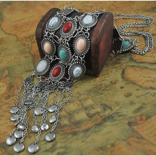 Asphire Bohemian Long Tassel Necklace Vintage Colorful Gemstone Turquoise Necklace Nepal Tibetan Ethnic Exaggerated Statement Accessories for Women and Girls - color: Silver