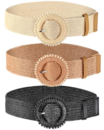 WILLBOND 3 Pcs Women Straw Stretch Belt Elastic Rattan Belts Straw Boho Raffia Belts for Ladies Woven Waist Belt for Dresses - size: Large, style: Cute Style
