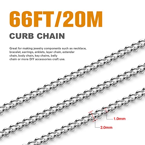 [66 Feet/ 20M] Stainless Steel Curb Chain, 2mm 304 Stainless Steel Chains Flat Twisted Links Curb Chain Bulk for Jewelry Making DIY Craft - color: Stainless Steel, size: 2.0mm width