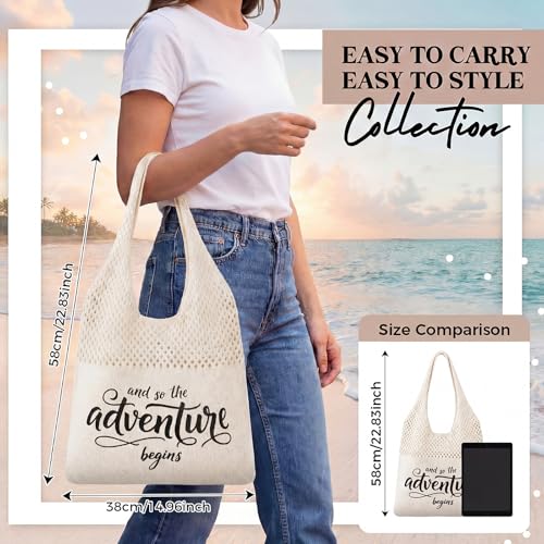 Shinylin Personalized Crochet Tote Bag for Beach Women Beige Mesh Knit Shoulder Bag Boho Aesthetic Tote for Women - style: Adventure