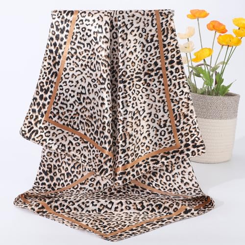 AWAYTR Satin Silk Scarf - Large Hair Bandana, Sleeping Wrap for Women - color: Leopard Print (Kahki)