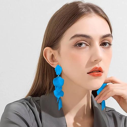 Long Acrylic Rose Petal Earrings Dangle Exaggerated Flower Earrings Drop Statement Floral Tassel Earrings for Women - color: Sky Blue
