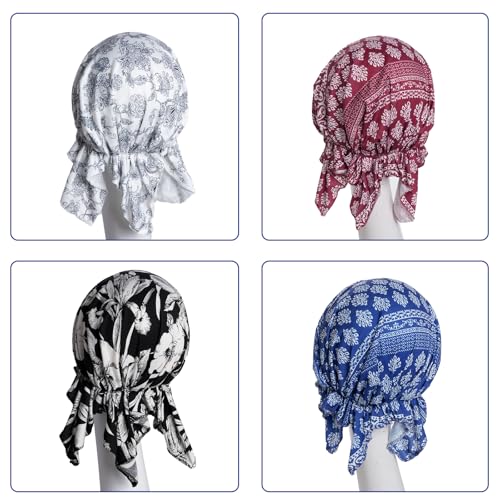 4pcs Pre-Tied Chemo Head Scarf Beanie Covers Cap Head Scarves Sleep Turban Hat Women Bandana with Stretch Print Ruffle - color: Blue