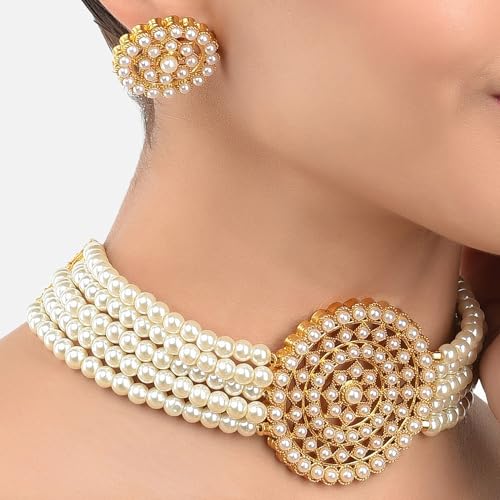 Aheli Pearl Diamond Choker Necklace & Round Earrings Gift for Women Indian Traditional Bollywood Fashion Bharatanatyam jewellery set - color: White 1