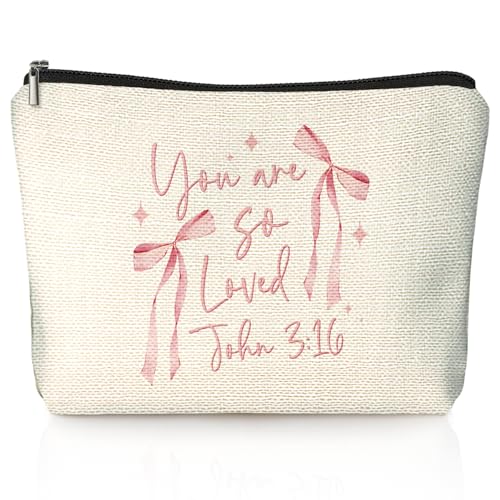 Coquette Pink Bow Christian Makeup Bag, You Are So Loved John 3:16 Pink Girly Cosmetic Bags for Women, Christian Gifts for Women, Preppy Aesthetic Zipper Makeup Pouch - color: 01-You Are So Loved