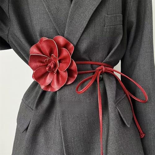 Boho Big Flower PU Leather Waist Belt Chain for Women Rose Floral Camellia Long Tassel Adjustable Waist Band Jewelry - color: Dark Red