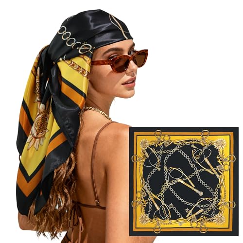 Large Square Head Scarf Bandana - 35" Satin Hair Scarf for Women Like Silk Scarf Fashion Hair Wrapping - color: Chain Loop(black), size: 35IN*35IN