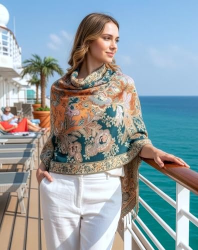 Achillea Elegant Paisley Floral Pashmina Shawl and Wrap – Boho Rave Scarf for Festival, Travel & Everyday Wear - color: Teal Dark Amber