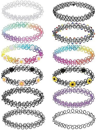 BodyJ4You 12PC Tattoo Choker Necklace for Women - 90s Choker Necklaces Y2K Fashion Trendy Vintage - Emo Black Choker Rainbow Pink White Purple Neon Green Blue Daisy Flower - color: Black, Rainbow, Purple