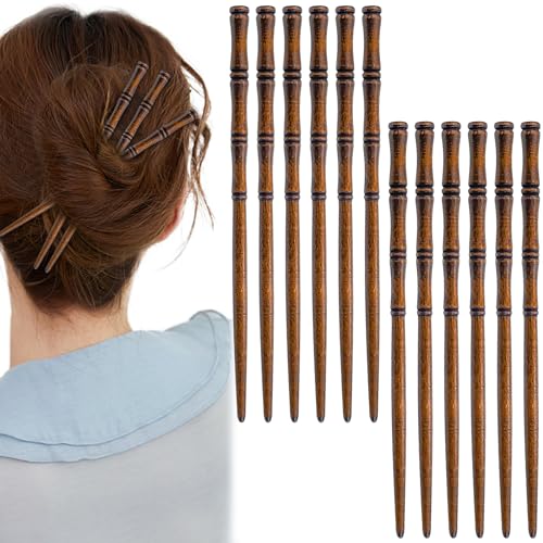 12 Pcs Vintage Wood Hair Sticks Bamboo Shape Hair Chopsticks Japanese Chinese Hairpin Decorative Retro Hair Forks Hanfu Pins Bun Holders for Long Hair Women (Brown) - color: Brown