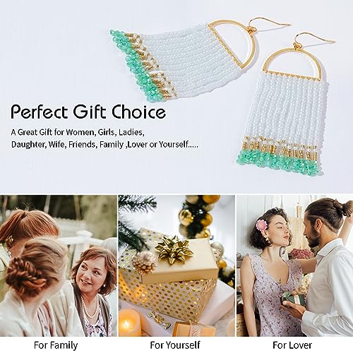 Bohemia Beaded Dangle Earrings - Handmade Seed Bead Earrings, Statement Beaded Tassel Earrings for Women - color: MINT GREEN