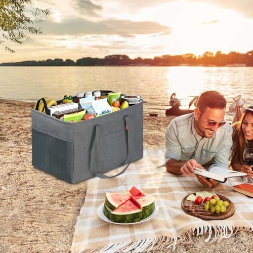 LHZK Standing Utility Tote Bag with Metal Wire Frame and the Sides Rinforced, Large Tote Bag with Handle, Reusable Grocery Bags Foldable, Beach Bag, Car Tote (Grey, 18.5''x11.8''x11.5'') | Metal Wire Frame - color: Dark Gray, size: 18.5''x11.8''x11.5''-1