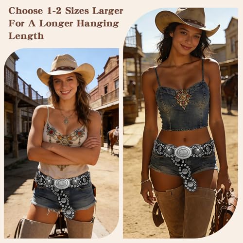 Leather Western Boho Belts for Woman, 53.1inch Concho Vintage Belt for womens Dress Jeans, Country Black