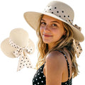 DRESHOW Sun Hats for Women Travel Fedora Foldable Beach Sun Hat Summer Wide Brim Straw Bucket Hat with Bowknot UPF 50+ - color: 1 Pack Bowknot Straw Hat: Beige (Beige Polka Dot Band)