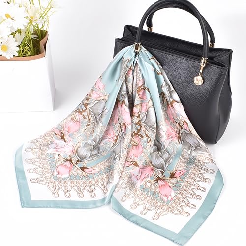 MINIDORA Satin Scarves for Women 27.5 × 27.5 inches Medium Square Elegant Silk Feeling Head Scarf - color: C008-light Blue