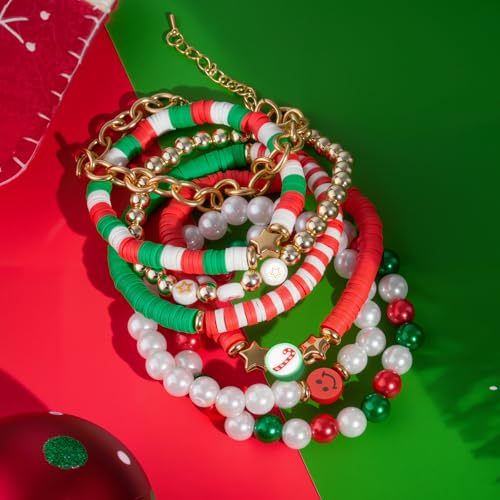 Colorful Heishi Surfer Bracelets Set for Women Stackable Clay Beaded Bracelets Disc Stretch Preppy Bracelets Smiley Face Friendship Bracelets Team Cheer Bulk Boho Summer Beach Jewelry Gift - color: Christmas Beads