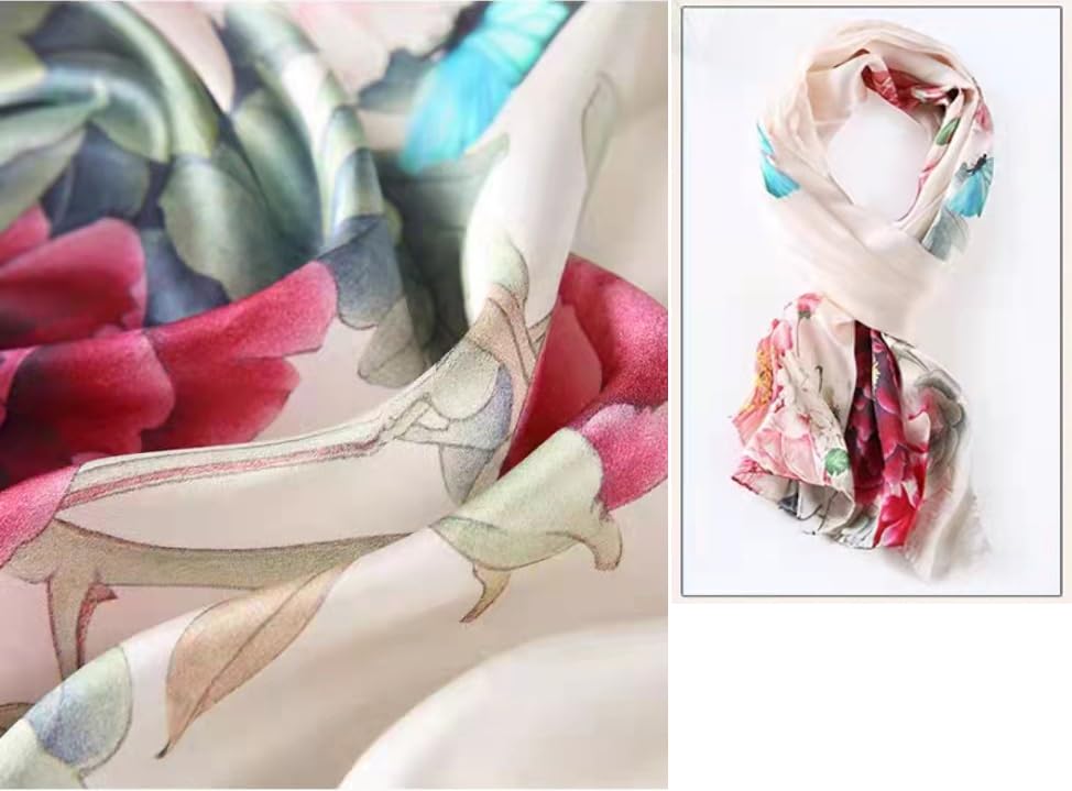 ANDANTINO 100% Silk Long Scarf-Women Large Oblong Shawls with Gift Packed - color: Pale Pink Flowers