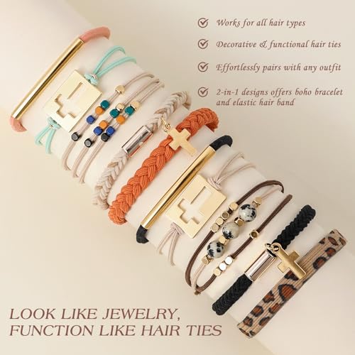 10 PCS Boho Hair Ties Bracelet for Women - 5 Styles Soft Braided Nylon Elastic Hair Bands No Damage Ponytail Holders - Cute Hair Accessories for Thick Thin Curly Hair with Gift Box - color: Brown
